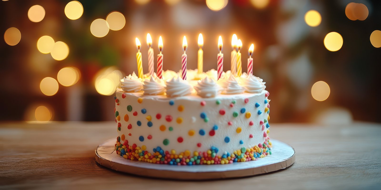 Colorful birthday cake decorated with candles and sprinkles on a wooden table in a festive setting with bokeh lights